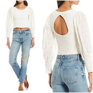 Free People Tea Time XS Long Puff Sleeve Floral Lace Stretch Crop Top Open Back